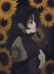 Rule 34 | 1girl, absurdres, back cutout, black choker, black dress, black hair, black veil, blurry, blurry foreground, body writing, choker, closed mouth, clothing cutout, dress, flower, frilled choker, frills, from behind, funeral dress, highres, holding, holding flower, italian text, lace, lace-trimmed veil, lace trim, long hair, looking away, looking to the side, moon tattoo, original, seal impression, signature, solo, sun symbol, sun tattoo, sunflower, tan, tattoo, translated, upper body, ushiyama ame, veil, wilted flower, yellow eyes, yellow flower