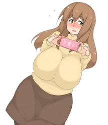 Rule 34 | 1girl, blush, breasts, brown hair, eyebrows, female focus, green eyes, huge breasts, kaz (shade), long hair, makihara nodoka, open mouth, original, plump, shirt, simple background, skirt, solo, standing, thick eyebrows, white background, wide hips