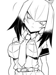 Rule 34 | 10s, 1girl, belt, breast pocket, buttons, closed mouth, collared shirt, greyscale, hair between eyes, hair flaps, head tilt, jin (mugenjin), kemono friends, long hair, looking at viewer, low ponytail, monochrome, necktie, pocket, shirt, shirt pocket, shoebill (kemono friends), short sleeves, side ponytail, solo, upper body