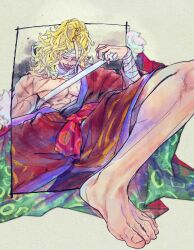 Rule 34 | 1boy, bandaged arm, bandaged head, bandages, bare pectorals, blonde hair, crying, crying with eyes open, eg (eastg111), foot out of frame, forced perspective, high ponytail, highres, japanese clothes, killer (one piece), kimono, long hair, male focus, muscular, muscular male, one piece, pectorals, purple lips, red kimono, sharp teeth, simple background, smile, solo, streaming tears, tears, teeth, wide ponytail