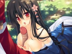 Rule 34 | 1boy, 1girl, 2-g, animated, animated gif, black hair, blue dress, blush, breasts, character request, collarbone, dress, flower, game cg, grass, hair between eyes, hair flower, hair ornament, hetero, large breasts, long hair, looping animation, nipples, out of frame, outdoors, paizuri, penis, red eyes, shiny skin, softhouse-seal, sunlight, tongue, tongue out, uncensored, very long hair, zettai saikyou oppai sensou!!
