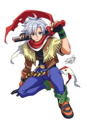 Rule 34 | 1boy, belt, closed mouth, denim, fingerless gloves, fringe trim, full body, gloves, gun, jeans, jet enduro, looking at viewer, male focus, pants, purple eyes, scarf, simple background, solo, tyuga, weapon, white background, white hair, wild arms, wild arms 3