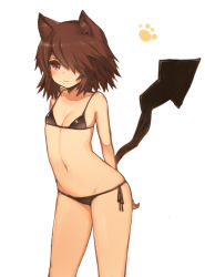 Rule 34 | 1girl, animal ears, arms behind back, bare arms, bare legs, bikini, black bikini, breasts, brown hair, cat ears, hair over one eye, highres, looking at viewer, medium hair, navel, original, paw print, paw print background, red eyes, ruiten, side-tie bikini bottom, small breasts, solo, standing, stomach, swimsuit, tail