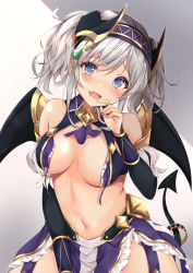 Rule 34 | 1girl, :d, akari (princess connect!), arm up, bare shoulders, bikini, black shirt, blue eyes, blush, bracer, breasts, collared shirt, cowboy shot, demon tail, detached sleeves, fang, hair ornament, hairband, head tilt, highres, large breasts, long sleeves, looking at viewer, medium hair, navel, open mouth, princess connect!, purple skirt, rumiko (rmeco), shirt, sidelocks, simple background, skin fang, skirt, smile, solo, swimsuit, tail, twintails, untied bikini, white background, wings