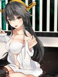 Rule 34 | bad id, bad pixiv id, bikini, bikini under clothes, black hair, blush, boots, breasts, brown eyes, cleavage, earrings, hair between eyes, hair ornament, hairclip, haruna (kancolle), heart, highres, jewelry, kantai collection, large breasts, long hair, long sleeves, looking at viewer, open mouth, sitting, solo, swimsuit, takashia (akimototakashia), thigh boots, thighhighs, white bikini
