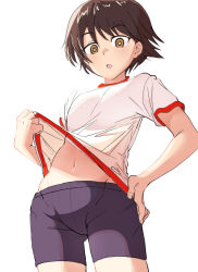 Rule 34 | 10s, 1girl, :o, bike shorts, black shorts, bright pupils, brown eyes, brown hair, clothes lift, cowboy shot, girls und panzer, groin, gym shirt, gym uniform, hand on own hip, isobe noriko, lifted by self, looking at viewer, mituki (mitukiiro), navel, open mouth, shirt, shirt lift, short hair, short shorts, short sleeves, shorts, simple background, solo, standing, t-shirt, white background, white shirt