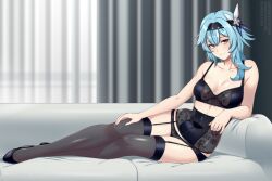 Rule 34 | 1girl, arm support, bare shoulders, black bra, black footwear, black panties, blue hair, bra, breasts, closed mouth, collarbone, commentary, commission, couch, curtains, english commentary, eula (genshin impact), female focus, garter belt, garter straps, genshin impact, girdle, hair between eyes, hair ornament, hand on own knee, indoors, large breasts, light smile, lindaroze, lingerie, long hair, looking at viewer, on couch, paid reward available, panties, solo, thighhighs, thighs, twitter username, underwear, underwear only, watermark, web address, yellow eyes