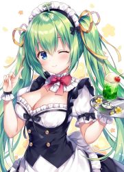 Rule 34 | 1girl, ;), blue eyes, bow, bowtie, breasts, cherry, cleavage, commentary request, cup, drinking glass, food, fruit, green hair, hair ribbon, holding, holding tray, ice cream, index finger raised, large breasts, long hair, looking at viewer, maid, maid headdress, melon-chan, melonbooks, mitsuba choco, one eye closed, ribbon, smile, solo, tray, twintails