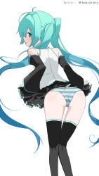 Rule 34 | 1girl, absurdres, clothes lift, donkichikin, from behind, hatsune miku, highres, kneehighs, looking at viewer, looking back, panties, pantyshot, ponytail, simple background, skirt, skirt lift, smile, socks, solo, striped clothes, striped panties, twintails, underwear, vocaloid, white background