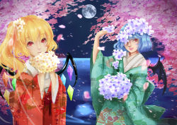 Rule 34 | 2girls, absurdres, alternate costume, bat wings, blonde hair, blue hair, bouquet, cherry blossoms, flandre scarlet, floral print, flower, flower wreath, full moon, hair flower, hair ornament, hair over one eye, hair ribbon, highres, holding, holding flower, japanese clothes, kimono, lake, lips, looking up, moon, multiple girls, night, night sky, nomi mochigome, nose, obi, parted lips, petals, red eyes, remilia scarlet, ribbon, sash, siblings, side ponytail, sisters, sky, smile, standing, teeth, touhou, very long sleeves, water, wide sleeves, wind, wings