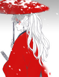 Rule 34 | 1boy, amore1989, bad id, bad pixiv id, coat, earrings, facial mark, from behind, grey background, haori, holding, holding umbrella, japanese clothes, jewelry, kimetsu no yaiba, long hair, long sleeves, looking away, male focus, motion blur, oil-paper umbrella, ponytail, profile, red coat, shade, snow, snowing, solo, spot color, sword, tsugikuni yoriichi, umbrella, upper body, weapon