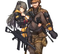 Rule 34 | 1boy, 1girl, android, ar-15, baek hyang, bag, beard, brown hair, carrying, commentary, crossover, duffel bag, faceless, faceless male, facial hair, folding stock, girls&#039; frontline, gloves, gun, gun sling, h&amp;k ump, hat, knee pads, long hair, magazine (weapon), mechanical arms, military, military operator, military uniform, pantyhose, princess carry, reflex sight, rifle, scar, single knee pad, single mechanical arm, skirt, sling (weapon), smile, stock (firearm), submachine gun, suppressor, ump45 (girls&#039; frontline), ump45 (mod3) (girls&#039; frontline), uniform, weapon, window magazine, yellow eyes