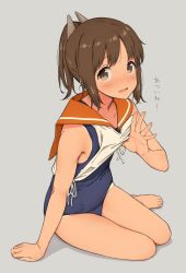 Rule 34 | 10s, 1girl, arm support, bare shoulders, barefoot, blush, brown eyes, brown hair, clothes lift, clothes pull, highres, i-401 (kancolle), jpeg artifacts, kantai collection, looking at viewer, one-piece swimsuit, open mouth, ponytail, sabo1038, sailor collar, school swimsuit, school uniform, shirt lift, shirt pull, short hair, short ponytail, sitting, smile, solo, sweat, swimsuit, swimsuit under clothes, tan, tanline, yokozuwari