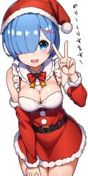 Rule 34 | 1girl, :d, bare shoulders, belt, blue eyes, blue hair, breasts, christmas, cleavage, detached collar, detached sleeves, dress, fur trim, hair ornament, hair over one eye, hat, highres, japanese text, large breasts, leaning forward, looking at viewer, matching hair/eyes, open mouth, re:zero kara hajimeru isekai seikatsu, rem (re:zero), remnia, santa hat, short dress, short hair, simple background, smile, solo, teeth, translated, upper teeth only, v, white background, x hair ornament
