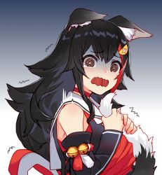 Rule 34 | @ @, animal ear fluff, animal ears, bell, black hair, choker, commentary, detached sleeves, gradient background, hair ornament, hairclip, holding own tail, hololive, izumi sai, japanese clothes, kouhaku nawa, long hair, looking at viewer, multicolored hair, ookami mio, ookami mio (1st costume), open mouth, red choker, red hair, rope, sailor collar, scared, shaded face, shimenawa, streaked hair, tail, tearing up, upper body, virtual youtuber, wolf ears, wolf tail, yellow eyes