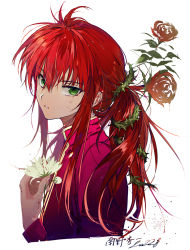 Rule 34 | 1boy, blood, blood on face, blood on flower, blood on hands, commentary request, flower, flower request, green eyes, highres, holding, holding flower, kurama (yu yu hakusho), medium hair, parted lips, plant, red hair, simple background, suou (sdurorhr), thorns, vines, white background, yuu yuu hakusho