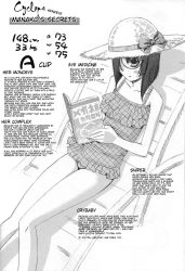 Rule 34 | 10s, 1girl, blush, casual one-piece swimsuit, chair, character profile, colorized, comic ryu, cyclops, frilled swimsuit, frills, hard-translated, hat, highres, lounge chair, manako, measurements, monochrome, monster girl, monster musume no iru nichijou, okayado, one-eyed, one-piece swimsuit, plaid, reading, short hair, solo, sun hat, swimsuit, third-party edit, translated