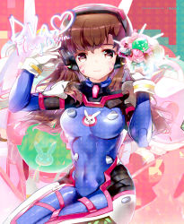 Rule 34 | 1girl, :3, :d, animal print, blue bodysuit, bodysuit, breasts, brown eyes, brown hair, character name, cuffs, d.va (overwatch), english text, facepaint, facial mark, gloves, glowing, hand on headphones, headphones, heart, heco (mama), high collar, highres, holding, large breasts, long hair, looking at viewer, mecha, medium breasts, meka (overwatch), model, open mouth, overwatch, overwatch 1, pilot suit, polka dot, rabbit print, red background, ribbed bodysuit, robot, shiny clothes, shoulder pads, signature, skin tight, smile, solo, striped, swept bangs, teeth, tongue, upper body, whisker markings, white gloves, yellow eyes