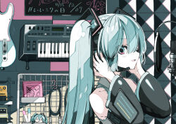 Rule 34 | 1girl, aqua eyes, aqua hair, aqua nails, bare shoulders, black sleeves, blue trim, cable, collared shirt, detached sleeves, grey shirt, guitar, hair between eyes, hair ornament, hands up, hatsune miku, headset, highres, indoors, instrument, keyboard (instrument), light blush, long hair, long sleeves, looking at viewer, looking to the side, microphone, nail polish, one eye closed, open mouth, pop filter, portrait, recording studio, shirt, sleeveless, sleeveless shirt, smile, solo, studio microphone, stuffed toy, suzukou, twintails, vocaloid, wide sleeves