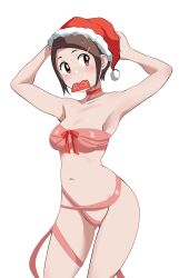 arms_behind_head bare_shoulders breasts brown_hair card_in_mouth choker christmas collarbone digimon digimon_adventure_02 highres mouth_hold pabsmikan shiny_skin simple_background small_breasts thighs white_background yagami_hikari