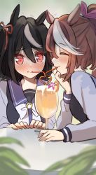 Rule 34 | 2girls, animal ears, black hair, blush, bow, bowtie, brown hair, closed mouth, commentary request, crazy straw, cup, drinking glass, drinking straw, embarrassed, closed eyes, flying sweatdrops, hair bow, heart, heart straw, highres, horse ears, kitasan black (umamusume), long hair, long sleeves, multicolored hair, multiple girls, noyama (noyama8888), orange bow, pink bow, ponytail, purple sailor collar, purple shirt, red eyes, sailor collar, school uniform, shared drink, shirt, smile, streaked hair, tokai teio (umamusume), tracen school uniform, umamusume, white bow, white bowtie, white hair, wine glass, yuri