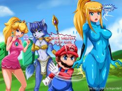 Rule 34 | &gt;:o, 1boy, 3girls, :d, :o, ^^^, adapted costume, afterimage, angry, animal ears, arm tattoo, armor, ass, ass shake, bandeau, bare arms, bare shoulders, bikini armor, blonde hair, blue bodysuit, blue eyes, blue fur, blue gemstone, blue hair, blue overalls, blue skin, bodysuit, bracelet, breasts, breasts apart, brooch, brown hair, circlet, cleavage, clenched hand, cloud, collarbone, colored skin, company connection, covered erect nipples, covered navel, crossover, crown, day, dress, earrings, emblem, english text, eyebrows, facial hair, fangs, feet out of frame, flipped hair, furry, furry female, gem, gloves, grass, green eyes, green gemstone, hair tie, halterneck, hand to own mouth, hand up, hands up, hat, high ponytail, highres, hill, hip focus, huge ass, impossible bodysuit, impossible clothes, jewelry, krystal, laughing, leg tattoo, legs apart, legs together, lipstick, loincloth, long hair, looking at another, makeup, mario, mario (series), medium breasts, metroid, motion blur, multiple girls, mustache, nail polish, navel, neck ring, necklace, nintendo, open mouth, outdoors, overalls, pauldrons, pendant, pilot suit, pink dress, pink lips, pink nails, polearm, princess peach, raised eyebrows, red gemstone, red headwear, red sweater, samus aran, sexual harassment, shiny clothes, short dress, short hair, shoulder armor, sideburns, sidelocks, sigurd hosenfeld, skin tight, sky, sleeveless, sleeveless dress, smile, spanking, spear, speech bubble, standing, star fox, star fox adventures, strapless, surprised, sweater, tail, tattoo, taut clothes, taut dress, transparent, trembling, turtleneck, v-shaped eyebrows, vambraces, varia suit, watermark, weapon, web address, white gloves, wide hips, zero suit