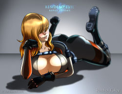 Rule 34 | 1girl, ass, blonde hair, blush, bodysuit, boots, breasts, character name, cleavage, copyright name, diving suit, hair over eyes, itt0ryu, large breasts, lips, long hair, lying, no bra, on stomach, parted lips, rachael foley, resident evil, resident evil: revelations, seductive smile, smile, solo, the pose, unzipped, unzipped bodysuit, wetsuit