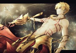 Rule 34 | 10s, 1girl, blonde hair, chain, collarbone, ea (fate/stay night), earrings, enkidu (weapon) (fate), fate/extra, fate/extra ccc, fate (series), from below, gilgamesh (fate), grin, holding, holding weapon, jewelry, male focus, red eyes, topless male, smile, solo, weapon, yuririensu