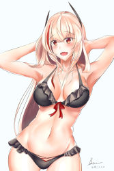 Rule 34 | 1girl, absurdres, airbo, armpits, artist name, bare shoulders, bikini, black bikini, blonde hair, blush, breasts, cleavage, collarbone, dated, feet out of frame, girls&#039; frontline, hands in hair, headphones, highres, long hair, looking at viewer, looking away, m4 sopmod ii (girls&#039; frontline), medium breasts, multicolored hair, navel, open mouth, red eyes, smile, solo, standing, swimsuit, white background