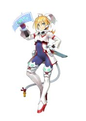Rule 34 | 1girl, blaster master zero, blonde hair, blue eyes, bodysuit, clipboard, eve (blaster master zero), full body, gloves, goggles, goggles around neck, hand on own hip, headset, high heels, holographic keyboard, long hair, looking at viewer, natsume yuji, official art, red gloves, simple background, smile, solo, standing, standing on one leg, white background