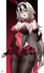 Rule 34 | 1girl, absurdres, animal ears, bare shoulders, black leotard, blush, bow, bowtie, breasts, bridal gauntlets, brown pantyhose, cleavage, covered navel, detached collar, detached sleeves, fake animal ears, fate/grand order, fate (series), grey hair, headpiece, highleg, highleg leotard, highres, jeanne d&#039;arc alter (avenger) (fate), jeanne d&#039;arc alter (fate), kurozawa yui, large breasts, leotard, long hair, looking at viewer, nail polish, open mouth, pantyhose, playboy bunny, rabbit ears, red leotard, solo, thighband pantyhose, thighs, very long hair, wrist cuffs, yellow eyes