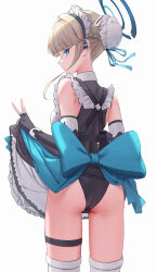 Rule 34 | 1girl, apron, apron hold, blonde hair, blue archive, blue bow, blue eyes, blue ribbon, blunt bangs, bow, braid, bun cover, closed mouth, french braid, from behind, hair bun, hair ribbon, halo, highres, jfjf, kneehighs, long hair, looking at viewer, looking back, maid, maid apron, maid headdress, ribbon, sleeveless turtleneck leotard, socks, solo, standing, toki (blue archive), v, white background, white socks