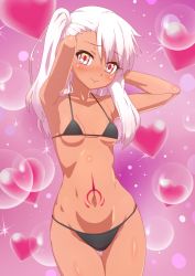 Rule 34 | 1girl, armpits, arms behind head, arms up, bikini, blush, breasts, chloe von einzbern, dark-skinned female, dark skin, fate/kaleid liner prisma illya, fate (series), fuchitoro, gradient background, heart, heart background, long hair, looking at viewer, navel, pink hair, red eyes, small breasts, smile, solo, swimsuit, tattoo