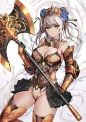 Rule 34 | 1girl, armor, armored boots, axe, bare shoulders, battle axe, black gloves, black skirt, boots, breastplate, breasts, brown thighhighs, cleavage, closed mouth, clothing cutout, elbow gloves, flower, gauntlets, gloves, gold trim, green eyes, groin, hair flower, hair ornament, highres, holding, holding axe, large breasts, long hair, looking at viewer, matsumoto mitsuaki, miniskirt, original, pleated skirt, showgirl skirt, side cutout, silver hair, skirt, smile, solo, thigh boots, thighhighs, thighs, tiara, twintails, vambraces, weapon