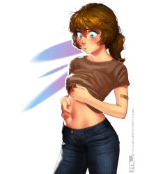 Rule 34 | 1girl, absurdres, bandaid, bandaid on arm, blue eyes, blush, brooke (mleth), brown hair, brown shirt, clothes lift, denim, freckles, hair between eyes, hair ornament, hairclip, hand on own stomach, highres, jeans, lifting own clothes, messy hair, mleth, navel, navel piercing, original, pants, piercing, raised eyebrow, shirt, shirt lift, short sleeves, simple background, solo, stomach, t-shirt, watermark, web address, white background