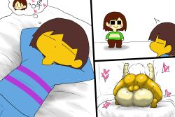 !? 1boy 1girl ahegao ass blush breasts brown_hair chara_(undertale) clothed_female_nude_male clothed_sex clothes colored_skin enigi09 frisk_(undertale) heart hetero highres leg_grab legs_up lying mating_press medium_hair nude open_mouth partially_undressed penis sex speech_bubble surprised testicles tongue tongue_out undertale vaginal yellow_skin