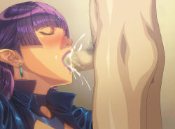 Rule 34 | 1girl, blunt bangs, blush, censored, circlet, closed eyes, clothed female nude male, cum, cum in mouth, earrings, ejaculation, fellatio, from side, head, highres, homare (fool&#039;s art), jacket, jewelry, legs, light blush, lipstick, long hair, makeup, male pubic hair, mosaic censoring, nose blush, nostrils, nude, oral, orgasm, original, penis, pink lips, pointy ears, pubic hair, purple hair, simple background, standing, thighs, upper body