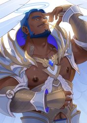 Rule 34 | 1boy, angel, arm guards, arm up, armor, armpit hair, bara, bare pectorals, beard, blue eyes, blue hair, breastplate, character request, chest hair, collarbone, crave saga, dark-skinned male, dark skin, facial hair, feathers, gorget, gorou naoki, halo, highres, looking at viewer, male focus, muscular, muscular male, mustache, navel hair, nipples, pectorals, short hair, simple background, thick eyebrows, veins, veiny arms, white background