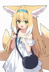 Rule 34 | 1girl, :d, absurdres, ai-assisted, animal ear fluff, animal ears, arknights, auto ins, bag, bare shoulders, blonde hair, blue hairband, blue ribbon, blush, commentary request, dress, fang, fox ears, fox girl, fox tail, green eyes, hair between eyes, hairband, hands up, highres, kitsune, long hair, looking at viewer, neck ribbon, off-shoulder dress, off shoulder, open mouth, ribbon, shoulder bag, simple background, smile, solo, suzuran (arknights), tail, very long hair, white background, white dress