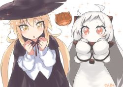 Rule 34 | 10s, 2girls, :o, abyssal ship, ahoge, alternate costume, artist name, blonde hair, blush, cape, check commentary, clenched hands, colored skin, commentary request, dress, enemy aircraft (kancolle), gloves, halloween, hat, horns, kantai collection, long hair, long sleeves, looking at viewer, low twintails, mittens, multiple girls, northern ocean princess, open mouth, pale skin, red eyes, satsuki (kancolle), sensen, skirt, sleeveless, sleeveless dress, sparkle, twintails, white background, white dress, white hair, white skin, witch hat, yellow eyes