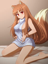 Rule 34 | 1girl, \||/, animal ear fluff, animal ears, areola slip, bare arms, bare shoulders, blush, breasts, closed mouth, colored eyelashes, commentary request, commission, floating hair, grey sweater, holo, indoors, knees out of frame, light brown background, long hair, looking at viewer, medium breasts, meme attire, on bed, paid reward available, parted bangs, pixiv commission, red eyes, ribbed sweater, shiny skin, sideboob, simple background, sitting, sleeveless, sleeveless sweater, smile, solo, spice and wolf, split mouth, straight hair, sweater, tail, tail raised, thighs, turtleneck, turtleneck sweater, very long hair, virgin killer sweater, wariza, wolf ears, wolf girl, wolf tail, zetsumu
