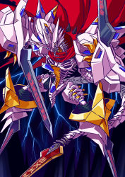 Rule 34 | absurdres, armor, artist request, cape, claws, digimon, gauntlets, gold, gradient background, highres, horns, jesmon, monster, no humans, red cape, royal knights, shoulder pads, sword, tail, torn cape, torn clothes, weapon, yellow eyes