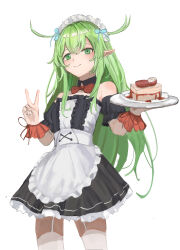 1girl absurdres apron black_dress black_souls black_souls_2 cake closed_mouth detached_sleeves dress food frilled_apron frilled_dress frills green_eyes green_hair hair_flaps hand_up highres holding holding_tray kirri leaf_(black_souls) long_hair looking_at_viewer plate short_sleeves sidelocks smile solo tray v