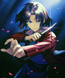 Rule 34 | 1girl, black hair, blue eyes, blue kimono, closed mouth, commentary request, fingernails, flyby64, fur-trimmed jacket, fur trim, highres, holding, holding weapon, jacket, japanese clothes, kara no kyoukai, kimono, knife, long sleeves, looking at viewer, mystic eyes of death perception, obi, open clothes, open jacket, parted bangs, petals, red jacket, ryougi shiki, sash, serious, short hair, signature, solo, upper body, weapon