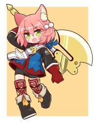Rule 34 | 1girl, 7th dragon, 7th dragon (series), :d, animal ear fluff, animal ears, arm behind head, arm up, axe, belt, belt buckle, bike shorts, black footwear, black shorts, blue jacket, boots, brown background, buckle, cat ears, commentary request, fang, fighter (7th dragon), gloves, green eyes, hair between eyes, hair bobbles, hair ornament, harukara (7th dragon), highres, holding, holding axe, jacket, long sleeves, looking at viewer, naga u, open mouth, pink hair, puffy long sleeves, puffy sleeves, red gloves, short shorts, shorts, smile, solo, striped clothes, striped thighhighs, thighhighs, thighhighs under boots, two-tone background, two side up, white background, white belt
