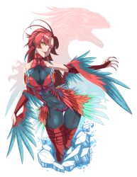 Rule 34 | 1girl, black bodysuit, black nails, bodysuit, breasts, dinosaur, earrings, feather earrings, feathered wings, feathers, garter straps, highres, jewelry, jurassic park, jurassic world, jurassic world: dominion, large breasts, lolita majin, long hair, nail polish, original, personification, red hair, red thighhighs, revealing clothes, sharp teeth, slit pupils, teeth, thighhighs, transparent background, wings, yellow eyes