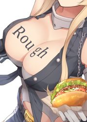 Rule 34 | 10s, 1girl, belt, body writing, breasts, buckle, chain, cleavage, enosan, food, gloves, grey gloves, burger, head out of frame, highres, iowa (kancolle), kantai collection, large breasts, light brown hair, long hair, miniskirt, shirt, sidelocks, simple background, skirt, solo, sparkle, tied shirt, white background, wrist cuffs