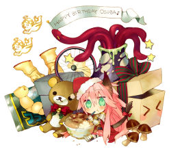 Rule 34 | 1girl, angel, animal ears, armor, armored boots, arutopian, banner, blush, boots, cape, cat ears, chibi, chopsticks, commentary request, eating, food, food on face, full body, gauntlets, gift, green eyes, hair between eyes, happy birthday, hat, holding, holding chopsticks, long hair, looking at viewer, lord knight (ragnarok online), miniskirt, monster, myst case, pauldrons, penomena, pink hair, pink skirt, ragnarok online, red cape, rice, santa hat, shoulder armor, skirt, spiked gauntlets, star (symbol), stuffed animal, stuffed toy, teddy bear