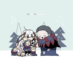 Rule 34 | 1boy, 1girl, :&gt;, bell, black gloves, black thighhighs, blue robe, blush stickers, bow, brown eyes, capelet, character doll, chibi, closed eyes, closed mouth, diamond mouth, dress, fate/grand order, fate (series), fur-trimmed capelet, fur trim, futong jun, gilles de rais (caster) (fate), gilles de rais (saber) (fate), gloves, green bow, green ribbon, grey footwear, grey hair, hair bow, headpiece, jeanne d&#039;arc (fate), jeanne d&#039;arc alter santa lily (fate), light brown hair, long hair, open mouth, outdoors, pleated dress, ponytail, ribbon, robe, standing, striped bow, striped ribbon, thighhighs, tree, very long hair, white capelet, white dress