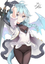Rule 34 | 1girl, :o, ahoge, aliter, arms up, black gloves, blue hair, blue wings, braid, breasts, brown pantyhose, commentary request, covered navel, dragon girl, dragon tail, dragon wings, dress, elbow gloves, fur-trimmed gloves, fur-trimmed sleeves, fur trim, gloves, gluteal fold, hair between eyes, highres, holding, holding sword, holding weapon, jacket, long hair, looking at viewer, open clothes, open jacket, panties, panties under pantyhose, pantyhose, parted lips, princess connect!, purple eyes, sheffy (princess connect!), short sleeves, signature, simple background, single braid, small breasts, solo, sword, tail, thigh gap, underwear, v-shaped eyebrows, weapon, white background, white dress, white jacket, wings